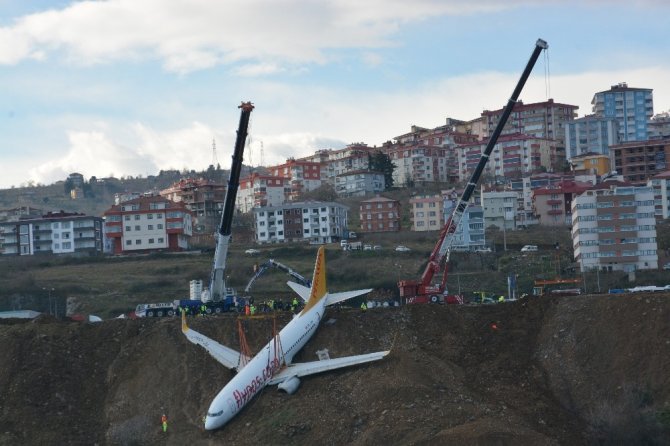 Trabzon’da Pistten Çıkan Uçağı Kurtarma Çalışmaları Denizden Görüntülendi