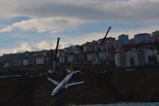 Trabzon’da Pistten Çıkan Uçağı Kurtarma Çalışmaları Denizden Görüntülendi