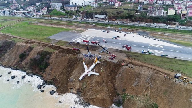 Trabzon’da Pistten Çıkan Uçağın Bulunduğu Yerden Vinçlerle Kaldırılmasına Başlandı