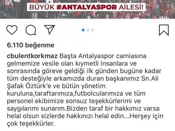 Antalyaspor’da Bülent Korkmaz’dan Veda Mesajı