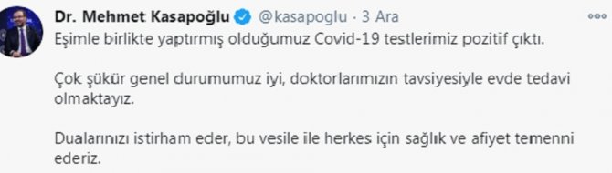 Bakan Kasapoğlu: "Eşimle Yaptırmış Olduğumuz Covid-19 Testlerimiz Pozitif Çıktı"