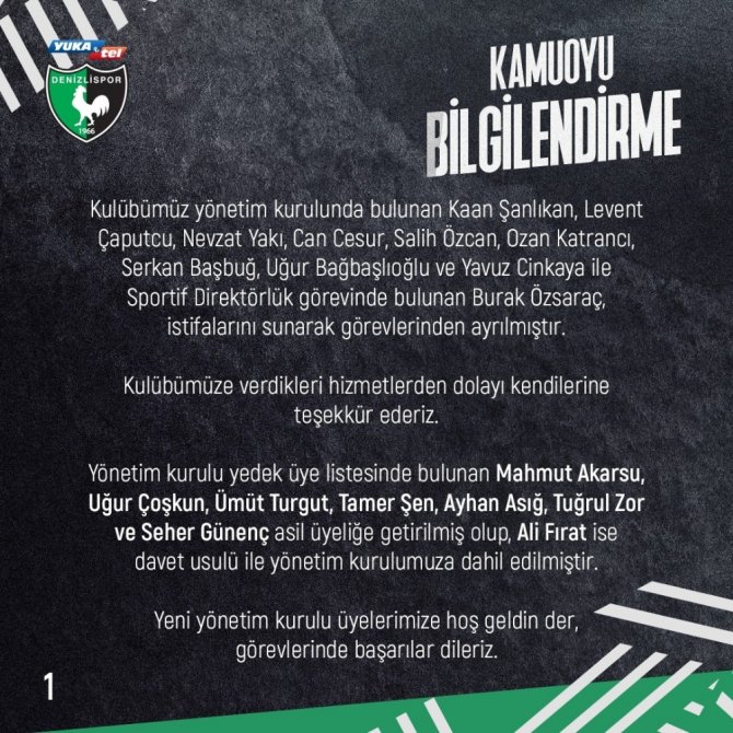 Denizlispor’da İstifalar Resmi Olarak Açıklandı