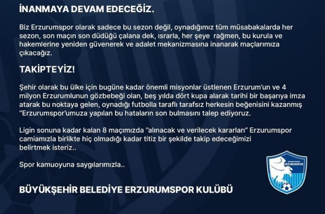 Bb Erzurumspor’dan Hakem Suat Arslanboğa’ya Tepki