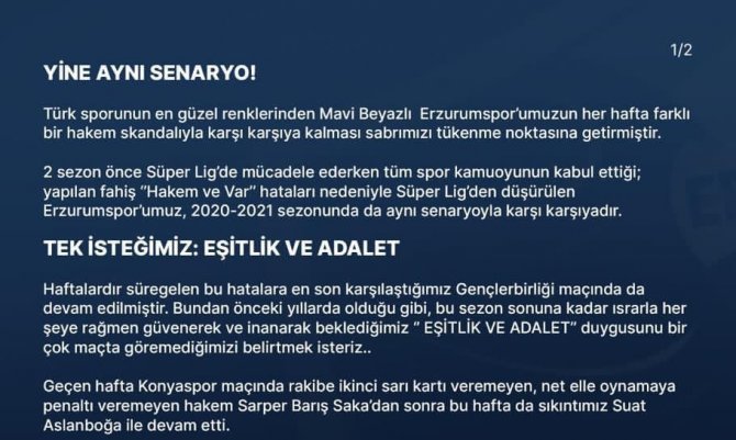 Bb Erzurumspor’dan Hakem Suat Arslanboğa’ya Tepki