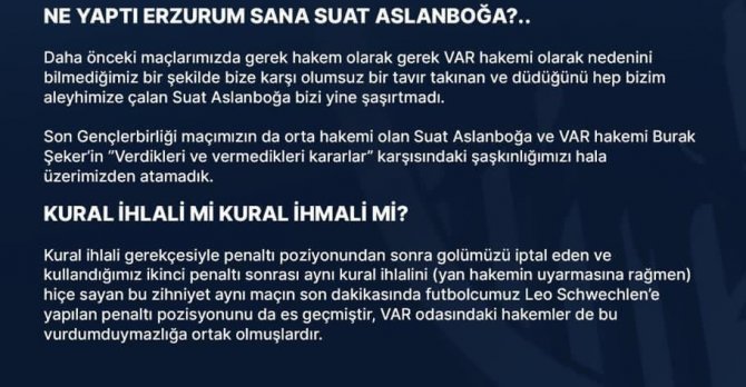 Bb Erzurumspor’dan Hakem Suat Arslanboğa’ya Tepki