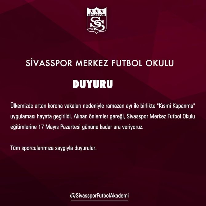 Sivasspor Futbol Okulu Eğitimine Ara Verdi!