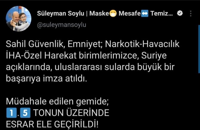 Bakan Soylu: "Suriye Açıklarında, Uluslararası Sularda Büyük Bir Başarıya İmza Atıldı"