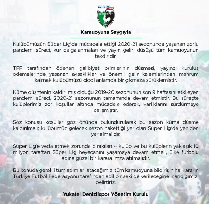 Denizlispor’dan ’Küme Düşme Bu Sezon Kaldırılsın’ Talebi