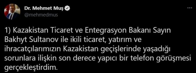 Bakan Muş, Kazak Mevkidaşı Sultanov’la Telefonla Görüştü