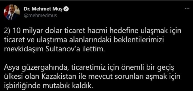 Bakan Muş, Kazak Mevkidaşı Sultanov’la Telefonla Görüştü