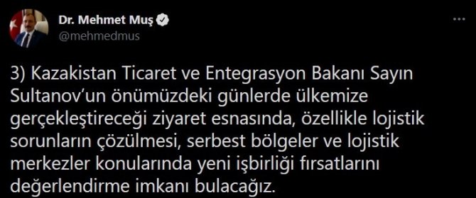 Bakan Muş, Kazak Mevkidaşı Sultanov’la Telefonla Görüştü