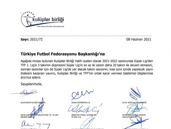 Kulüpler Birliği: "Süper Lig, İki Sezon Daha 20 Takımla Devam Etsin"