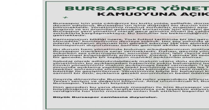 Bursaspor Kulübü Yönetimi: "Bursaspor, Teksas’tan Büyüktür"