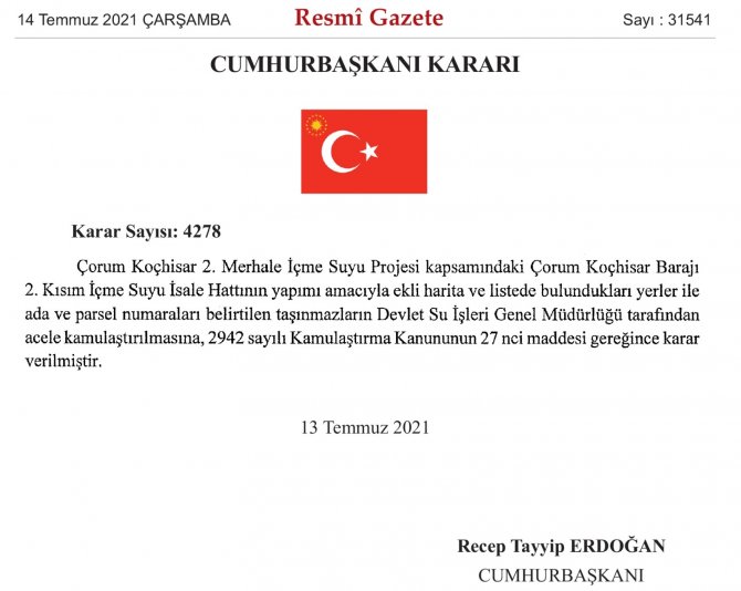 Koçhisar Barajı İ̇sale Hattı İçin Acil Kamulaştırma Kararı Alındı