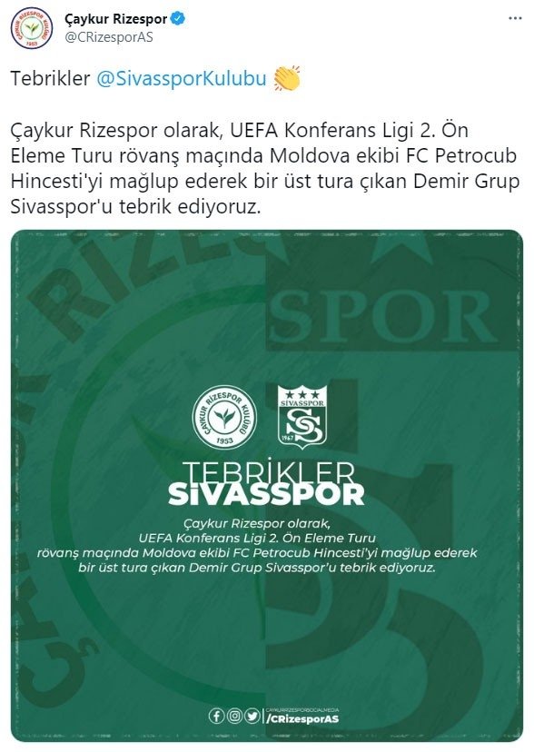 Kulüplerden Sivasspor’a Tebrik Mesajları