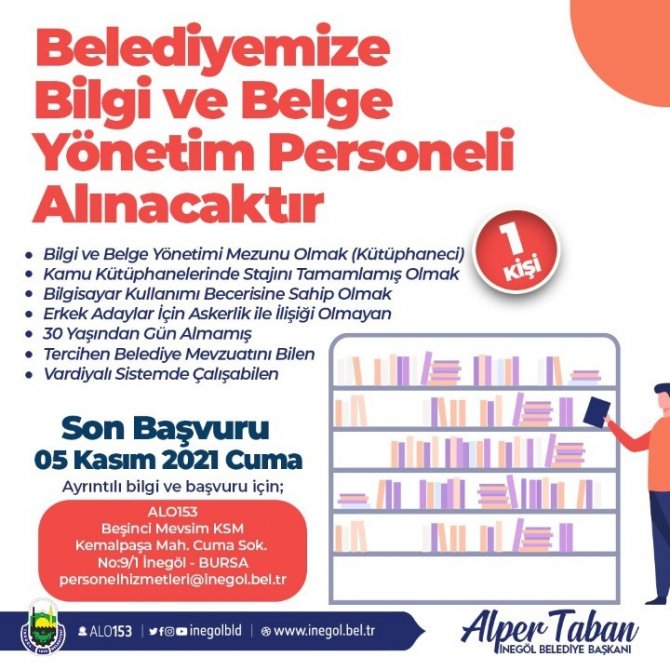 İ̇negöl Belediyesi, Bilgi Ve Belge Yönetim Personeli Alımı Yapacak
