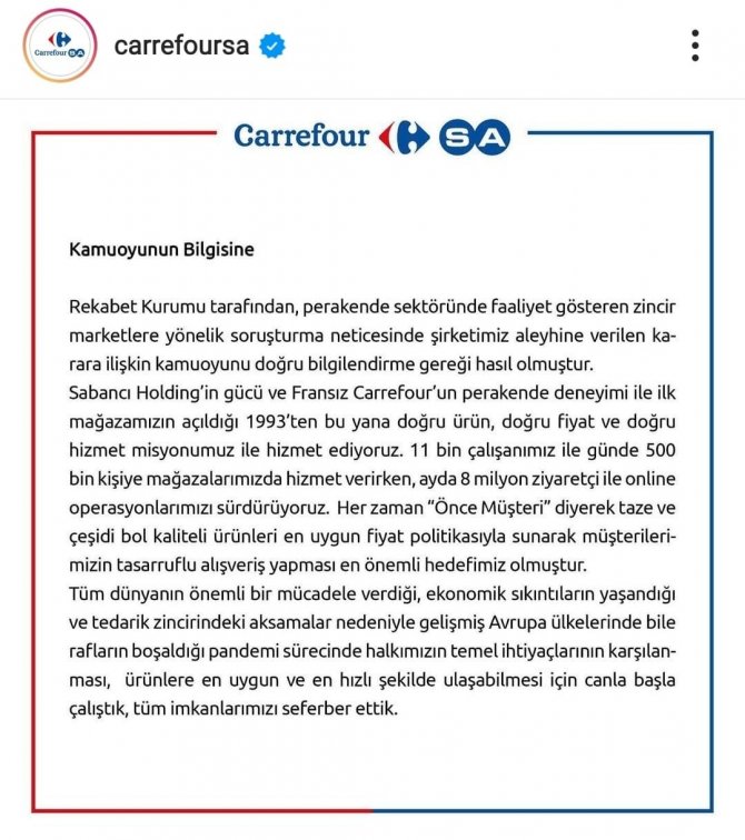 Carrefoursa’dan Rekabet Kurumu Kararına İlişkin Açıklama