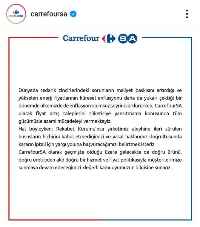 Carrefoursa’dan Rekabet Kurumu Kararına İlişkin Açıklama