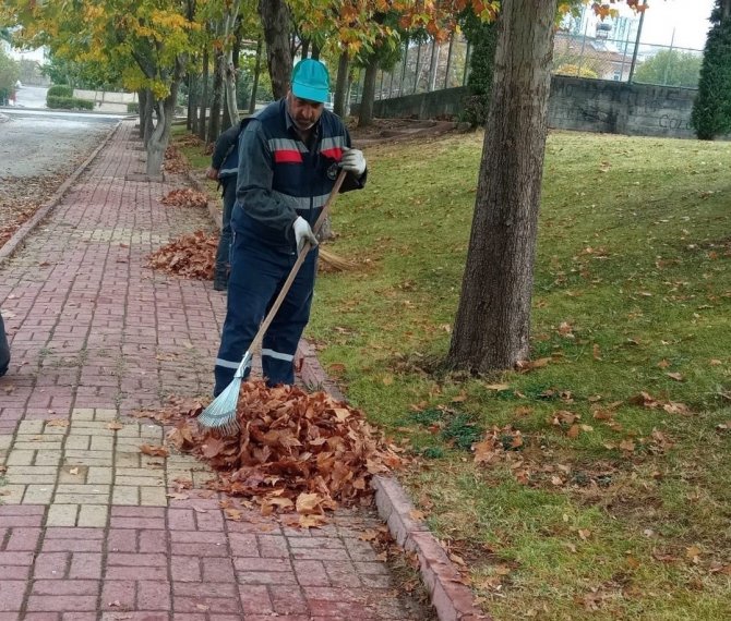 Belediye Ekiplerinden Yaprak Üfleme Makinesi İle Sonbahar Temizliği