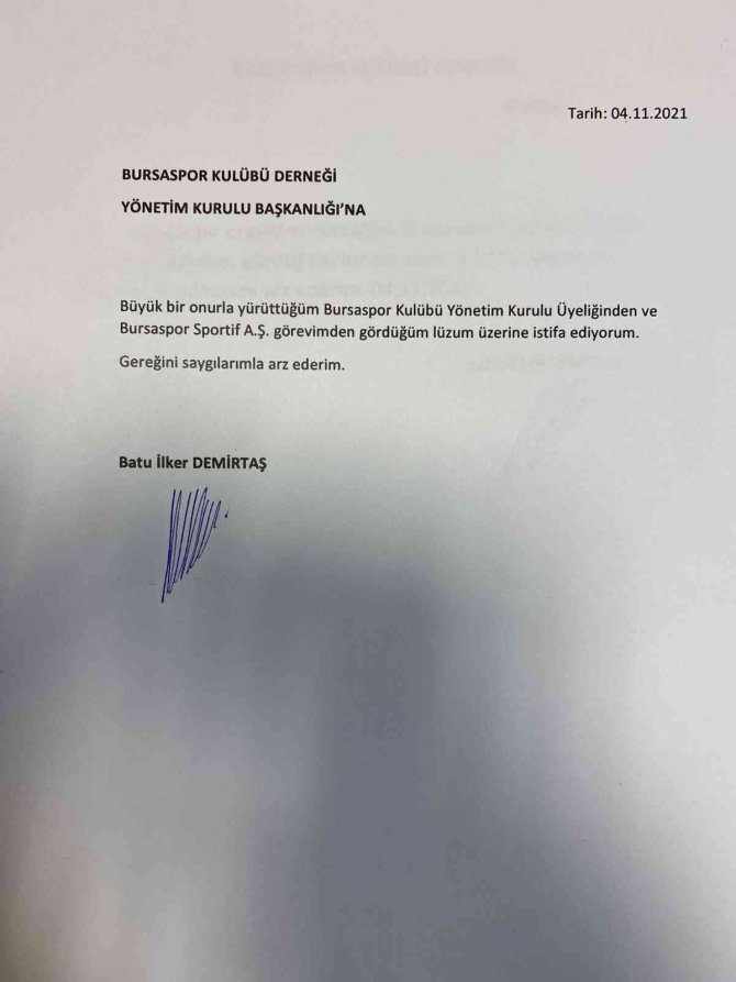 Bursasporlu Yönetici İ̇lker Batu Demirtaş İstifa Etti
