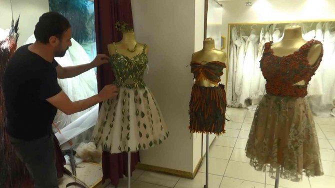 Diyarbakırlı Modacı Ağaç Yapraklarında Gelinlik Ve Elbiseler Tasarladı