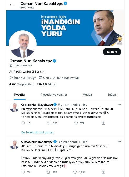 Ak Parti İ̇stanbul İ̇l Başkanı Kabaktepe: “Chp’li İ̇bb’nin Suya Gizli Zam Kurnazlığına Müsaade Etmeyeceğiz”