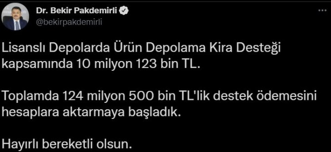 Bakan Pakdemirli: "124 Milyon Liralık Destek Ödemesi Hesaplara Aktarılmaya Başlandı"