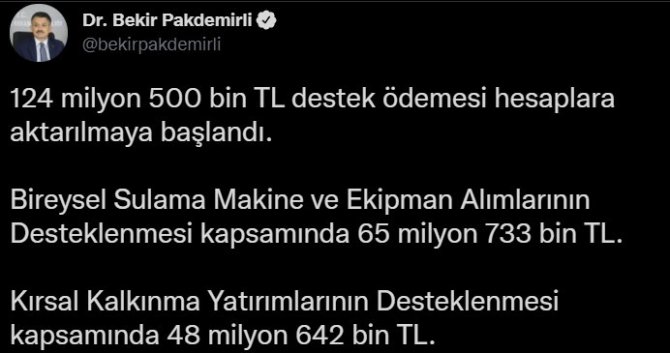 Bakan Pakdemirli: "124 Milyon Liralık Destek Ödemesi Hesaplara Aktarılmaya Başlandı"