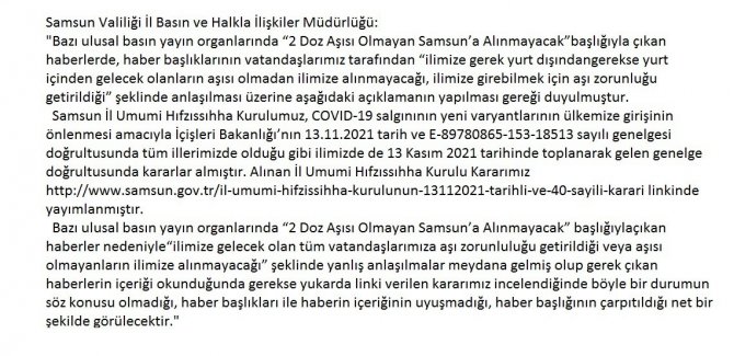 Samsun Valiliği’nden “2 Doz Aşısı Olmayan Samsun’a Alınmayacak” Haberine Açıklama
