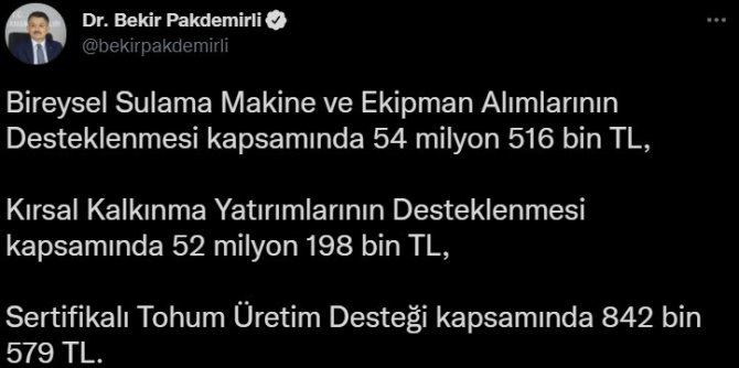 Bakan Pakdemirli: “107 Milyon 557 Bin Liralık Destek Ödemesi Hesaplara Aktarılmaya Başlandı”
