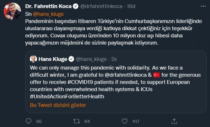 Bakan Koca: "Türkiye Covax Oluşumu Üzerinden 10 Milyon Doz Aşı Hibesi Yapacak"