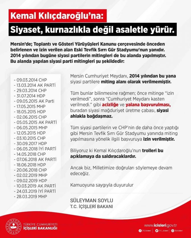 Bakan Soylu: “Mersin Cumhuriyet Meydanı, 2014 Yılından Bu Yana Siyasi Partilere Miting Alanı Olarak Verilmemiştir”