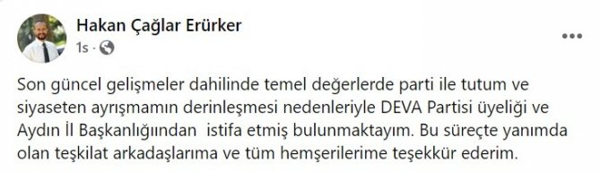 Deva Partisi Aydın İ̇l Başkanı İstifa Etti