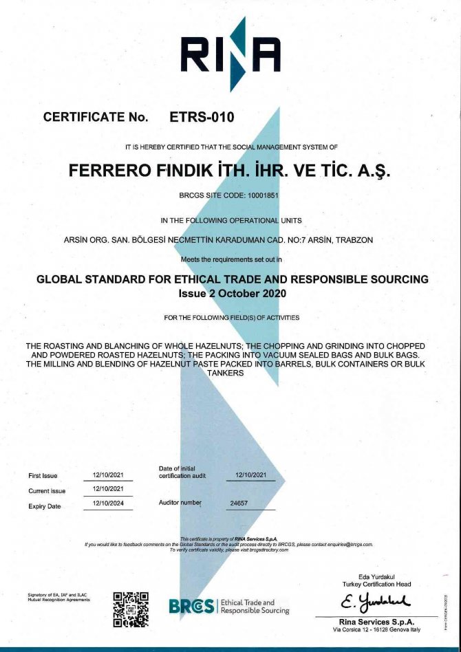 Ferrero Fındık’a, Etik Ticaret Ve Sorumlu Tedarik Standardı