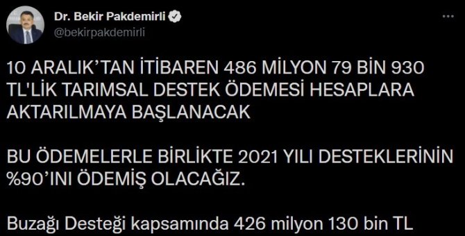 Bakan Pakdemirli, 5 Farklı Kalemde 486 Milyon Liralık Desteğin 10 Aralık’ta Yatırılacağını Duyurdu