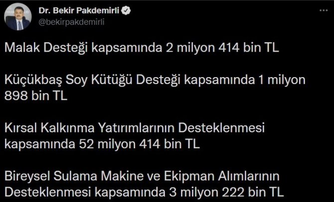Bakan Pakdemirli, 5 Farklı Kalemde 486 Milyon Liralık Desteğin 10 Aralık’ta Yatırılacağını Duyurdu