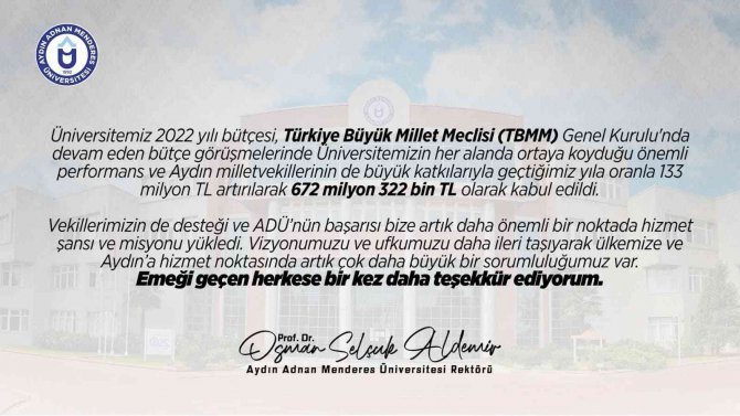 Adü’nün 2022 Yılı Bütçesi 672 Milyon 322 Bin Tl Olarak Kabul Edildi