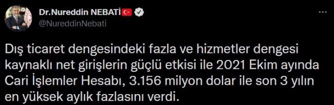 Bakan Nebati: “Cari İşlemler Açığı Ekim’de 3 Milyar 156 Milyon Dolar İle Son 3 Yılın En Yüksek Aylık Fazlasını Verdi”