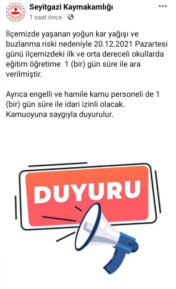 Seyitgazi’de Okullar 1 Gün Tatil