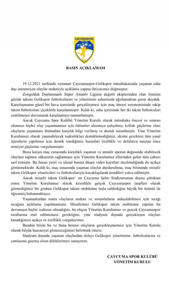 Çaycumaspor Savaş Alanına Dönen Maç Sonrası Açıklama Yaptı