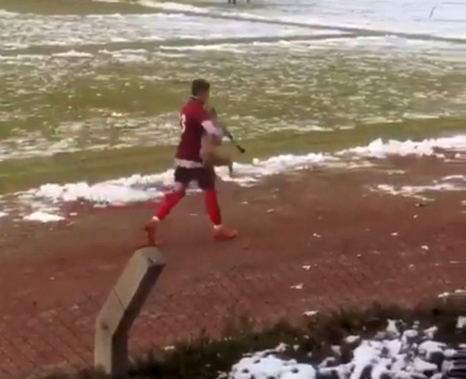 Maçı Durduran Köpeği Futbolcu Kucağına Alarak Çıkardı