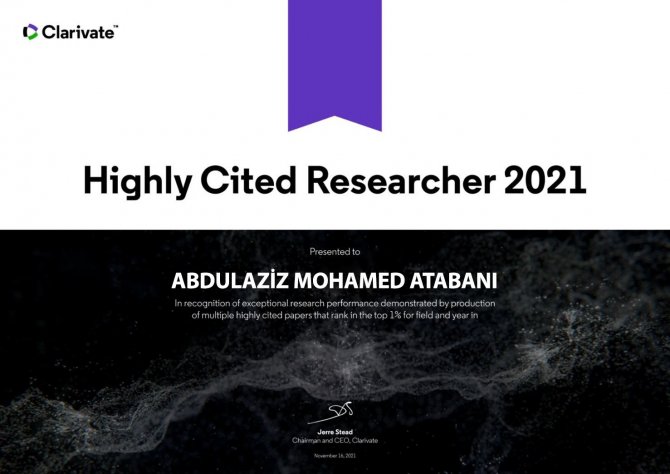 Erü’lü Atabani, Dünyanın En Çok Atıf Alan Araştırmacıları Arasında