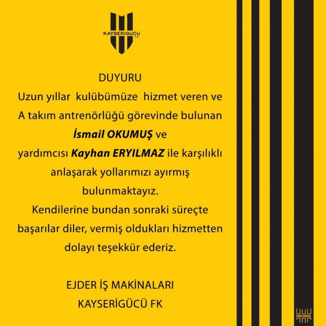 Kayserigücü Fk’da Ayrılık