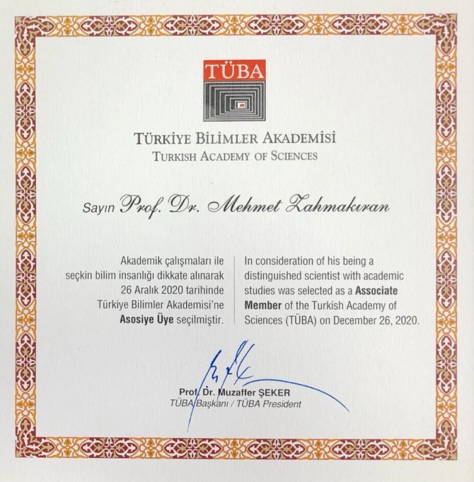 Tüba Asosiye Üyeliğine Seçilen Prof. Dr. Mehmet Zahmakıran Beratını Aldı