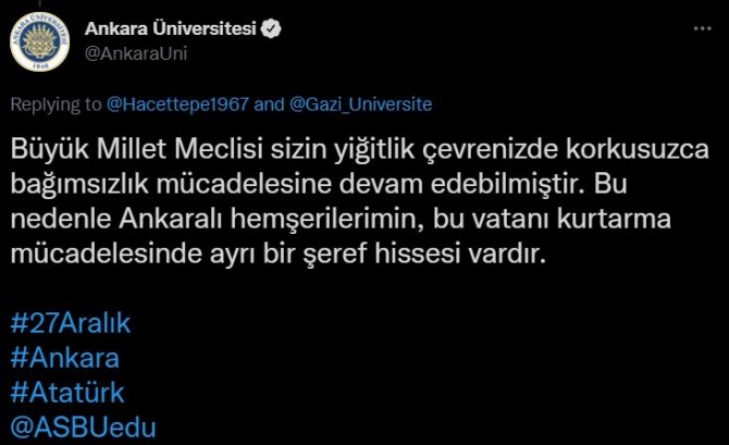 Ankara’daki Üniversiteler Sosyal Medyada Birbirini Etiketleyerek Atatürk’ün Ankara’ya Gelişini Kutladı