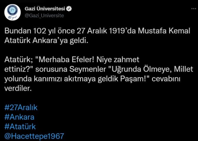 Ankara’daki Üniversiteler Sosyal Medyada Birbirini Etiketleyerek Atatürk’ün Ankara’ya Gelişini Kutladı