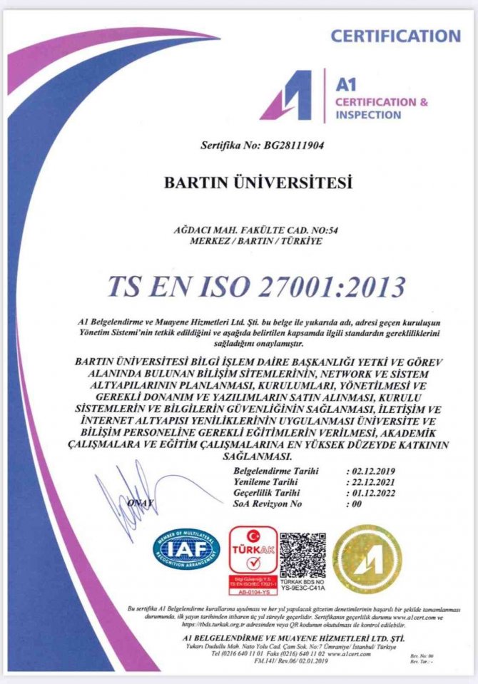 Bartın Üniversitesi, Tse’den ‘Bilgi Güvenliği Yönetim Sistemi Sertifikası’ Aldı