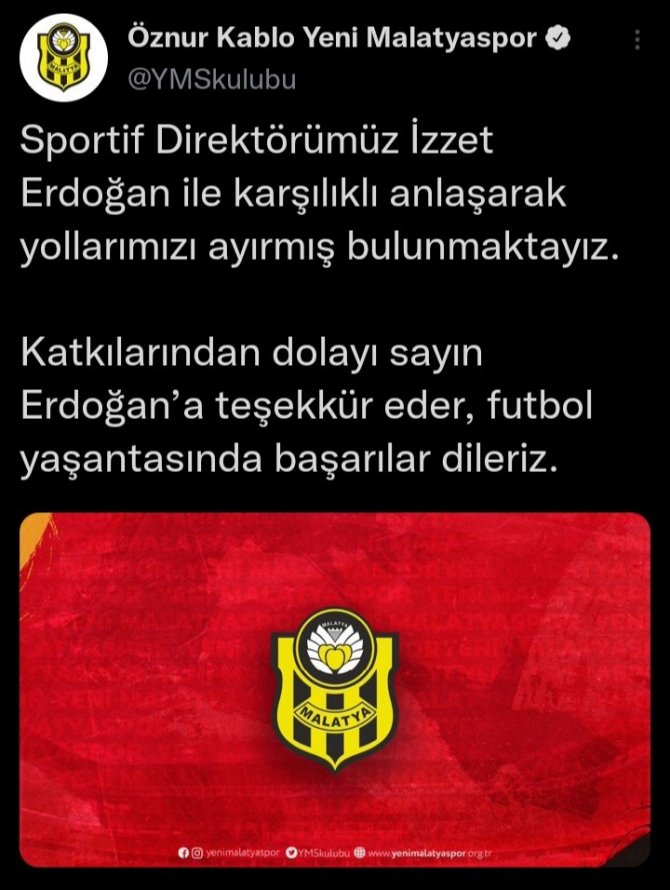 Yeni Malatyaspor’da Sportif Direktör İ̇zzet Erdoğan İle Yollar Ayrıldı