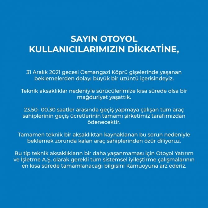 Yılbaşı Gecesi Osmangazi Köprü’sünde Bekleyenlerden Ücret Alınmayacak