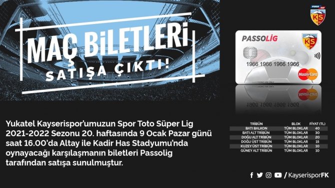 Kayserispor - Altay Maçının Bilet Fiyatları Belli Oldu